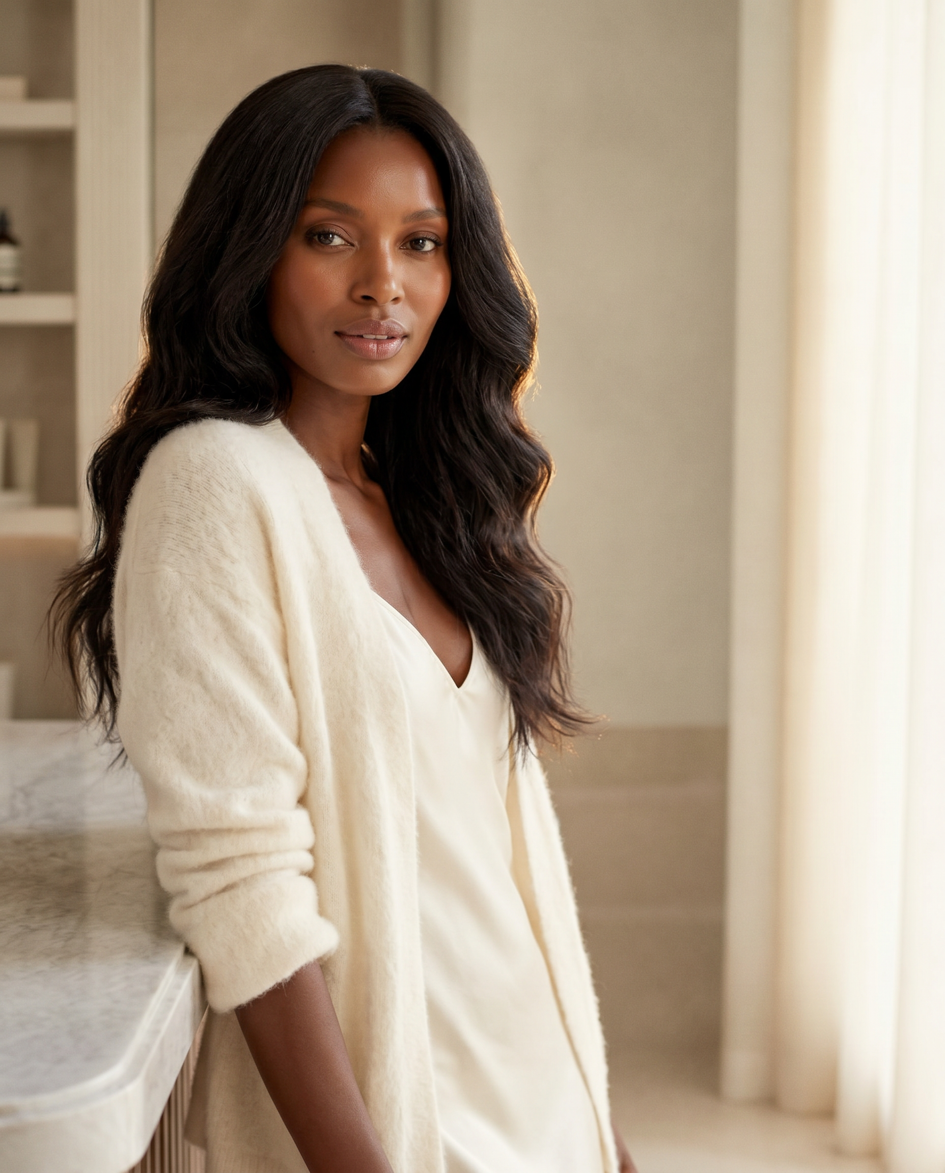 A woman confidently wearing a signature XO by Princy wig in a softly lit luxury interior